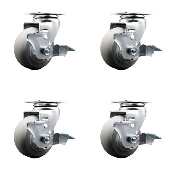 4 Inch Thermoplastic Rubber Swivel Caster Set with Ball Bearings and Brakes
